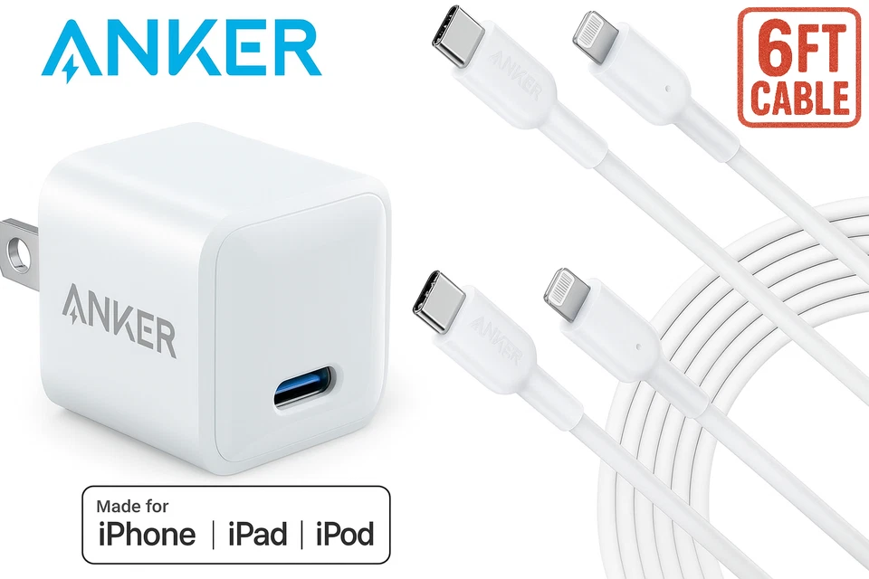 Anker Nano Pro 20W USB-C Charger - White with 2x 6 ft USB-C to Lighting Cable - Image 1 of 4