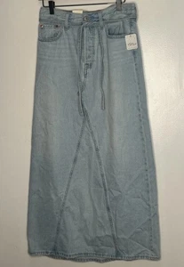 NWT LEVI’S Denim Maxi Skirt Free People 27 Light Wash Button Fly Tie Belt Modest - Picture 1 of 6