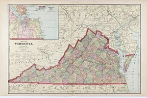 1908 VIRGINIA Map ORIGINAL Large (20X13) Norfolk - Richmond - Rockbridge - Imagen 1 de 3