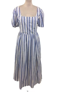 M&S Women's Dress Blue Mix Striped Shirred Puff Sleeves Pocket Lined Zip New F1 - Picture 1 of 56
