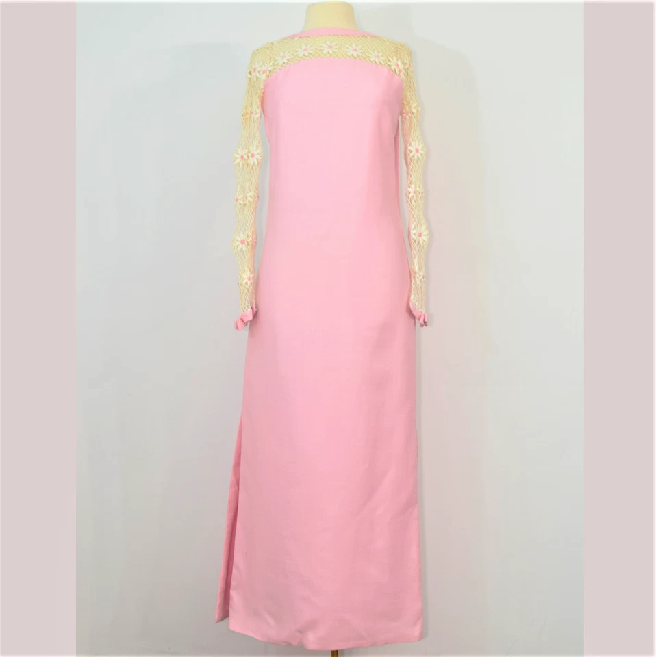 60s Maxi Fish Net Train Evening Gown Prom Dress Barbie Pink Handmade Vintage XS - Image 1 of 4