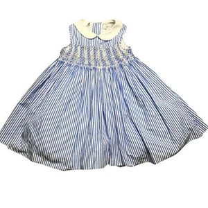 Ralph Lauren Baby Mädchen Nadelstreifen gesmoktes Kleid blau weiß gefüttert Baumwolle 24M Neu ohne Etikett - Bild 1 von 11