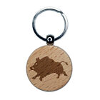 Wild Boar Pig Swine With Tusks Engraved Wood Round Keychain Tag Charm