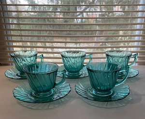 Jeannette Ultramarine Swirl 5 Cups and 5 Saucers - Picture 1 of 4