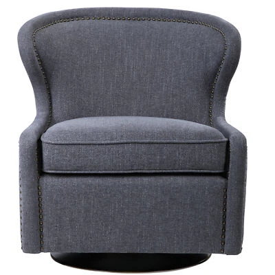 Modern Charcoal Gray Wing Back Accent Chair Swivel Mid Century Plush Herringbone - Image 1 of 4
