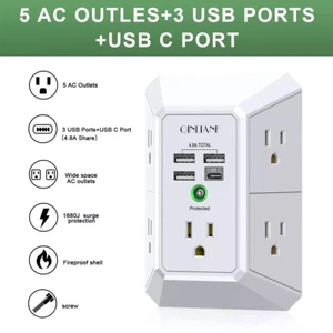 5 Outlet Extender Surge Protector Multi Plug Wall Adapter USB Charger Ports with - Picture 1 of 8