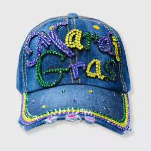 Gorra de béisbol de mezclilla Mardi Gras con flor de lis de estrás - Imagen 1 de 3