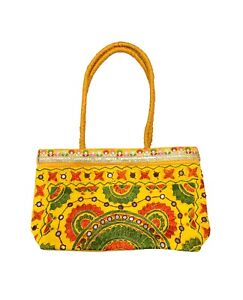 Shoulder Bag Yellow Fabric with Colorful Mirror Embroidery of Gujarat West India