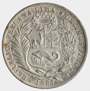 Peru. Republic 1887 TF Silver 1 Sol, 24.93 gr., 37 mm EF-AU KM-196.22 - Picture 1 of 6