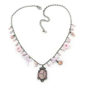 Vintage Inspired Enamel Floral Medallion With Pink Freshwater Pearl, Bows, - Picture 1 of 4