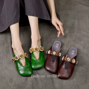 Verano Nuevo Cuero Genuino Para Mujer Zapatos Cuero Baotou Zapatillas Informales Zapatillas - Imagen 1 de 21