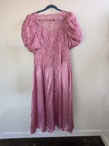 Vintage 80s Womens XL Satin Lace Puff Sleeve Prom Dress Gown Bridesmaid USA - Picture 1 of 7