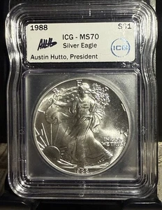 1988 American Eagle Silver Dollar ICG MS70 Signed by Austin Hutto, President ICG - Picture 1 of 2