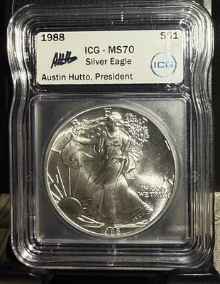 1988 American Eagle Silver Dollar ICG MS70 Signed by Austin Hutto, President ICG - Image 1 of 2