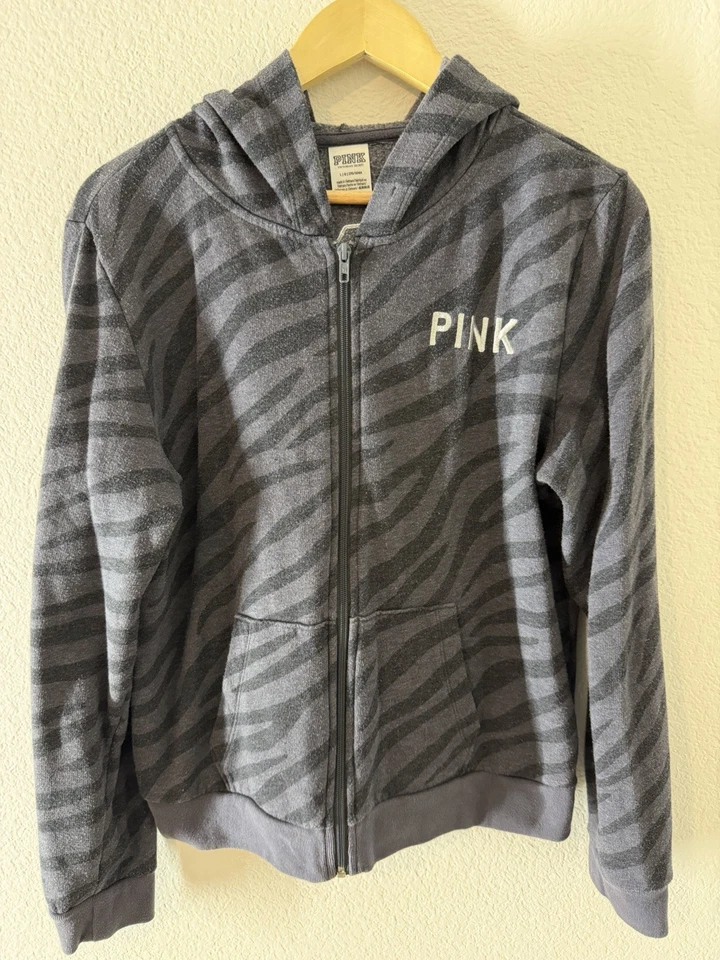 Moletom com capuz Victoria's Secret rosa lantejoulas estampa zebra zíper completo tamanho G - Imagem 1 de 4