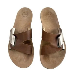 Olukai Nonohe Olu Tan/Metallic Gold Leather Slide Sandals Size 7 - Picture 1 of 15