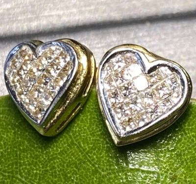 18K Gold Diamond Heart Petite Stud Vintage Earrings Invisible Mystery-Set - Image 1 of 4