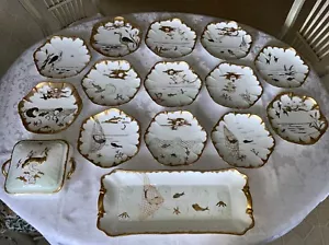 T & V Limoges Ch Field Haviland Oceanic Fish & Bird Plate Set c. 1882-1890 - Bild 1 von 24