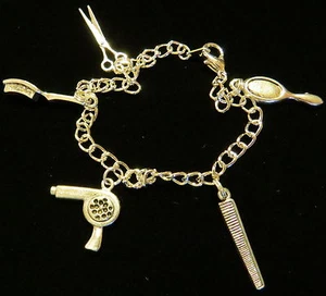 Hair Stylist Charm Bracelet 7 Inch Sterling Silver Plate & OMS Cosmetologist - Picture 1 of 6