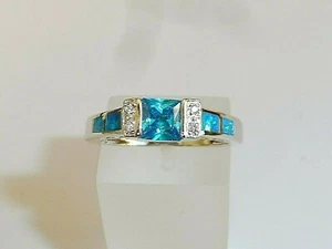 Ladies 925 Solid Silver Princess Cut Aquamarine Solitaire With Opal Accents Ring - Picture 1 of 7