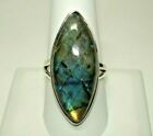 AB Exceptional Blue Fire Labradorite Large Marquise .925 Sterling Silver Ring 10