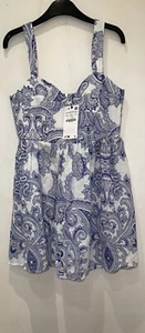 ZARA BLUE WHITE PAISLEY PRINT COTTON, LINEN BLEND MINI STRAPPY DRESS SIZE L BNWT - Picture 1 of 11