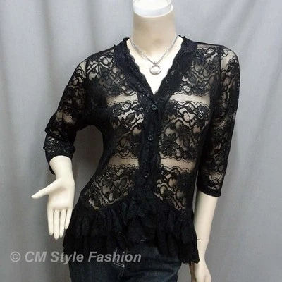 Elegante Blusa Cárdigan Transparente de Encaje Floral Negra M Foto 1 de 4