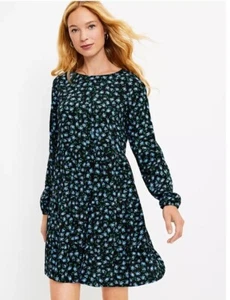 Ann Taylor Loft Floral Pocket Tiered Swing Dress Small Black Ditsy Blue Flowers - Picture 1 of 5