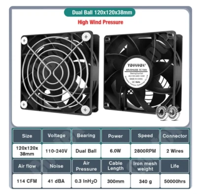 AC 12038 120Mm X 38mm 110V 120V Dual Ball Metal Cooling Axial Fan High Airflow - Image 1 of 4