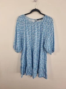 SPORTSGIRL size 16 blue floral round neck linen short balloon sleeve shift dress - Picture 1 of 6