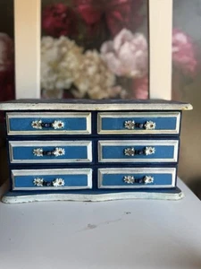 Vintage Blue Wooden Mini Dresser Jewelry Box with 6 Drawers – Shabby Chic - Picture 1 of 8