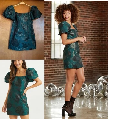 Altar’d State Shiny Hunter Green Jacquard Floral Puff Sleeve Mini Dress S NEW - Image 1 of 4