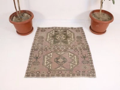 Vintage Hand Knotted Small Area Rug Dusty Purple Lilac Geometric Tribal Mat 3x3 - image 1 of 4
