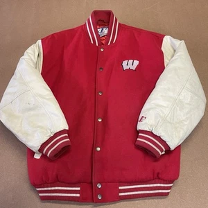 VINTAGE Wisconsin Badgers Wool Varsity Jacket Adult Medium Red Leather Snap Mens - Picture 1 of 23