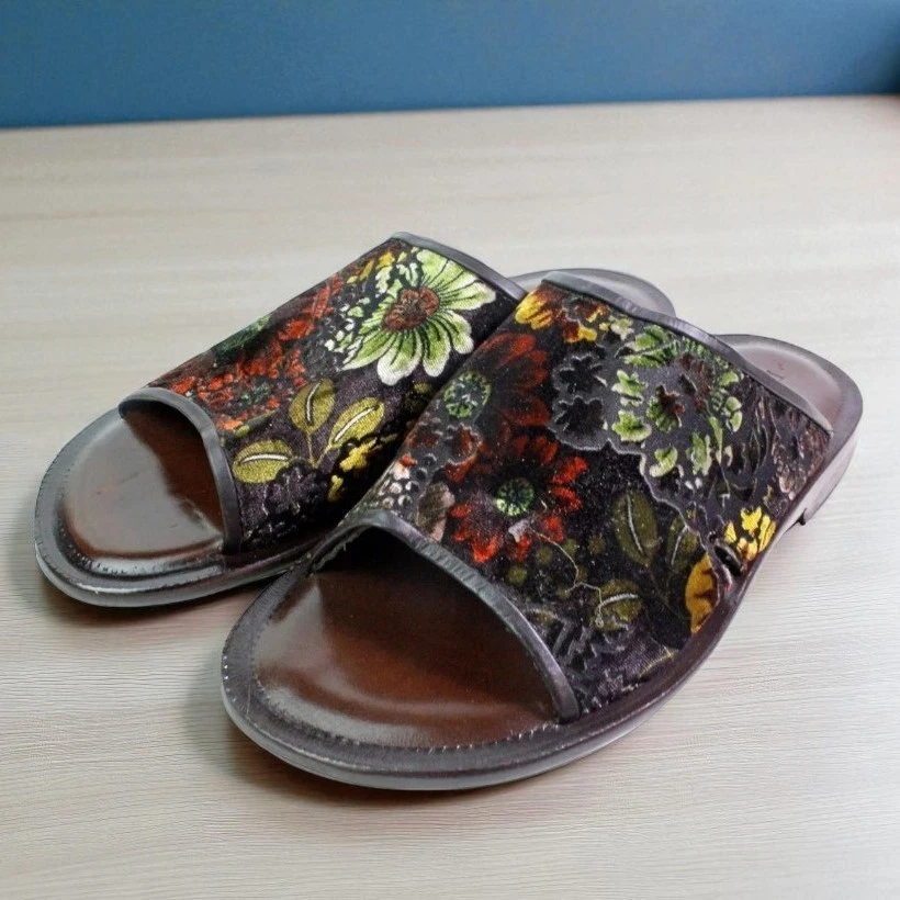 Sandalias italianas de cuero para hombre marrón cuero genuino zapatos sin cordones hechos a mano florales Foto 1 de 4