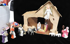 13pc Vtg Celluloid Nativity Set & Cardboard Creche Manger w/Dime Store Prices