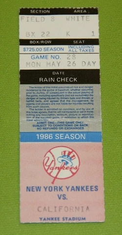 New York Yankees Ticket Stub | May 26 1986 | Wally Joyner HR Cover