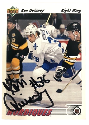 Ken Quinney Signed #36 Hockey Rookie Card #419 1991-92 Upper Deck Autographed NH - Image 1 of 2