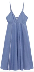 Zara Women’s Small Midi Dress Striped Poplin Blue White 100% Cotton Nautical - Picture 1 of 8