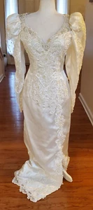 Vintage Bridal Originals White Pearls Sequin Satin Wedding Dress Back Bow - Picture 1 of 21