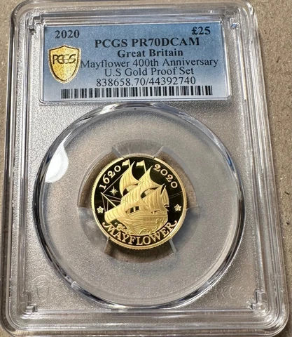 2020 Gold Mayflower 400th Anniversary PCGS PR70 DCAM 2 Coin Set -25 Pounds & $10 Cover