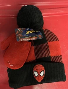 Marvel Spider-Man Boy's Red/BlackBeanie Cap Hat Gloves 2 Piece Set, New With Tag - Picture 1 of 1