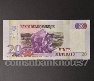 2006 Mozambique 20 Meticais Banknote, P143 Uncirculated / Rhinoceros - Picture 1 of 3