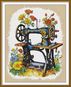 Counted Cross Stitch Kit sewing machine flowers DIY Needlework unprinted canvas - Bild 1 von 6