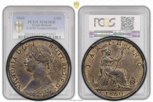 Gran Bretaña, Victoria, Farthing 1860, frontera dentada, graduación profesional MS 63 RB - Imagen 1 de 9