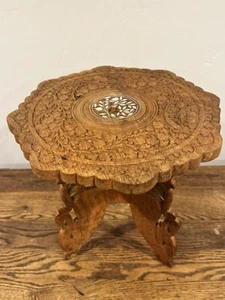 Vintage Hand Carved Wood Table Folds Flat Brass Inlay 12" Tall India Side table - Picture 1 of 18