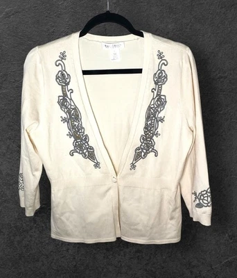 Cárdigan Suéter WHBM Un Botón Marfil Con Bordado Gris Oscuro Talla L Foto 1 de 4