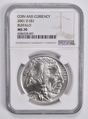 MS70 2001 D Coin And Currency Buffalo $1 Commemorative Silver Dollar NGC *1555 - Image 1 of 4