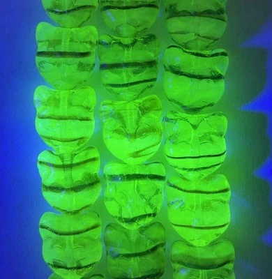 13mm Uranium Cat Face Beads Czech Pressed Yellow, Purple 10pcs.   - Image 1 of 3