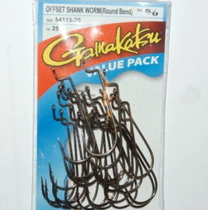 gamakatsu 5/0 offset shank worm rb round bend hooks 54115-25 value pack bass - Picture 1 of 2